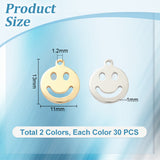 60Pcs 2 Colors Brass Charms, Long-Lasting Plated, Smile Face, Mixed Color, 13x11x1mm, Hole: 1.2mm