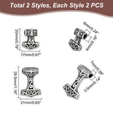 4Pcs 2 Style 304 Stainless Steel Pendants, Thor's Hammer, Antique Silver, 20~29.5x17~21x6~7mm, Hole: 3.5~4mm, 2pcs/style