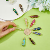 10Pcs 10 Styles Gemstone & Glass Pointed Copper Wire Wrapped Pendants, Faceted Bullet Charm, Mixed Dyed and Undyed, Real 18K Gold Plated, 37.5~40x9.5~10.5x11mm, Hole: 2.5~3mm, 1pc/style