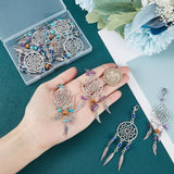 16Pcs 4 Styles Alloy Pendant Decorations, Woven Net/Web with Feather Charm, with Gemstone/Resin Beads and Brass Lobster Claw Clasps, Antique Silver and Platinum, 85.5~98mm, 4pcs/style