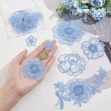 20Pcs 7 Style Flower Organgza Lace Embroidery Ornament Accessories, Applique Patch, Sewing Craft Decoration, Light Blue, 29~78x30~164x0.9~2mm