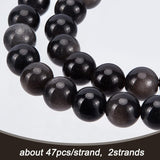 2 Strands Natural Silver Obsidian Beads Strands, Round, 8.5mm, Hole: 1.2mm, about 47pcs/strand, 15.35''(39cm)