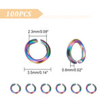 100Pcs 304 Stainless Steel Open Jump Rings, Round Ring, Rainbow Color, 22 Gauge, 3.5x0.6mm, Inner Diameter: 2.3mm