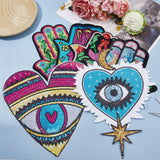 6Pcs 6 Style Hamsa Hand/Heart with Evil Eye Computerized Embroidery Cloth Iron on Sequins Patches, Stick On Patch, Costume Accessories, Appliques, Mixed Color, 207~232x158~230x1~1.5mm, 1pc/style
