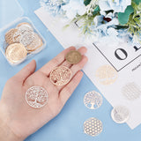 36Pcs 6 Style Rack Plating Brass Filigree Pendants Sets, Long-Lasting Plated, Flat Round with Tree of Life & Flower, Mixed Color, 31~35x30~35x0.3mm, Hole: 0.9mm, 6pcs/style