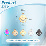 30Pcs 5 Colors 304 Stainless Steel Charms, Cut-Out, Manual Polishing, Hollow, Flat Round with Smiling Face, Mixed Color, 8x6x1mm, Hole: 0.8mm, 6pcs/color