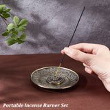 Portable Incense Burner Set, 5 Holes Alloy Incense Holder, with Detachable Ash Catcher, Home Office Teahouse Zen Buddhist Supplies, Lotus Pattern, Antique Bronze, Plate: 99x12mm, Holder: 34.5x9mm, 2pcs/set