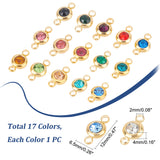17Pcs 17 Colors 304 Stainless Steel Rhinestone Links/Connectors, Flat Round, Golden, Mixed Color, 12x6.5x4mm, Hole: 2mm, 1pc/color