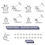 80Pcs 4 Style 304 Stainless Steel Flat Round Stud Earring Settings, Prong Earring Settings for Rhinestone, with Horizontal Loops & 80Pcs Ear Nuts, Stainless Steel Color, 8~10x5~8.5mm, Hole: 1.8mm, Pin: 0.8mm, Fit for 5~9mm Rhinestone, 20Pcs/style