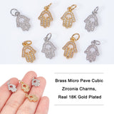 12Pcs 2 Colors Brass Micro Pave Clear Cubic Zirconia Charms, with Jump Rings, Hamsa Hand, Mixed Color, 13x9x2mm, Jump Ring: 5x0.7mm, Inner Diameter: 3.6mm, 6pcs/color