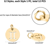 304 Stainless Steel Pendants, Flat Round with Constellation/Zodiac Sign, Golden, 12x1mm, Hole: 3mm, 12pcs/set