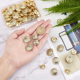 60Pcs 2 Style 4-Hole Brass Buttons, for Sewing Crafting, Half Round with Badge Pattern, Light Gold, 15~19.5x9mm, Hole: 2~3mm, 30pcs/style