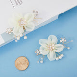 Detachable Cloth Flower Shoe Decoration, Iron Shoe Buckle Clip with Crystal Rhinestone & Imitation Pearl, Light Yellow, 64~65x48x14.5~15mm, 2pcs/set