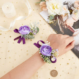 1Pc Silk Cloth Wrist Corsage, with 1Pc Silk Cloth Flower Boutonniere Brooch, for Wedding, Parties, Indigo, 122x22~65x44mm