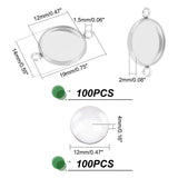 100Pcs 304 Stainless Steel Cabochon Connector Settings, Plain Edge Bezel Cups, Flat Round, with 100Pcs Transparent Glass Cabochons, Stainless Steel Color, Cabochon Connector Settings: 19x14x2mm, Hole: 1.5mm, Inner Diameter: 12mm