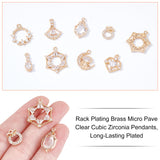 16Pcs 8 Style Rack Plating Brass Micro Pave Clear Cubic Zirconia Pendants, Long-Lasting Plated, Cadmium Free & Lead Free, Ring & Bowknot & Sector & Teardrop & Moon & Heart & Star & Oval, Light Gold, 2pcs/style