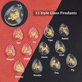 48Pcs 12 Style Glass Pendants, with Twelve Chinese Zodiac Signs, 30x22x6.5mm, Hole: 1.4mm, 4pcs/style