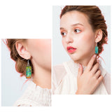 2 Pairs 2 Colors Glass Rectangle with Leaf Dangle Earring, Iron Jewelry for Women, Mixed Color, 47.5mm, Pin: 0.7mm, 1 Pair/color