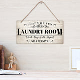 Natural Wood Hanging Wall Decorations, with Jute Twine, Rectangle with Word Laundry Room, White, Word, 15x30x0.5cm