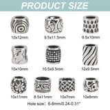 10Pcs 10 Styles 304 Stainless Steel Large Hole Beads, Column & Drum, Antique Silver, 8.5~12x7~11.5mm, Hole: 5~7.5mm, 1pc/style