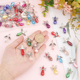 60Pcs 4 Style Electroplate Glass & Imitation Pearl Acrylic Pendants, with Wing Alloy Beads, Antique Silver & Platinum, Angel, Mixed Color, 27~34x18~20x7.5~10mm, Hole: 2~3mm, 15pcs/style