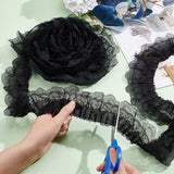 10 Yards 3-Layer Pleated Chiffon Flower Lace Trim, Polyester Ribbon for Jewelry Making, Garment Accessories, Black, 2-1/2 inch(65mm)