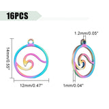 16Pcs 201 Stainless Steel Charms, Laser Cut, Ring with Waved, Rainbow Color, 14x12x1mm, Hole: 1.2mm