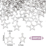 200Pcs 304 Stainless Steel Charms, Star, Stainless Steel Color, 14.5x12.5x0.7mm, Hole: 1.4mm