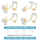 8Pcs 4 Style Stainless Steel Open Cuff Ring Findings, Bezel Cup Ring Settings, Heart & Square & Flat Round, Golden, Tray: 10~10.5x8~10.5mm, US Size 8 1/4~8 1/2(18.3~18.5mm), 2Pcs/style