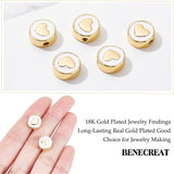 Brass Enamel Beads, Long-Lasting Plated, Flat Round with Heart, White, Real 18K Gold Plated, 11x5mm, Hole: 1.8mm, 10pcs/box