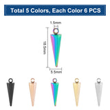 30Pcs 5 Colors Ion Plating(IP) 201 Stainless Steel Pendants, Cone Charm, Mixed Color, 18.5x5.5mm, Hole: 1.5mm, 6pcs/color