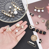 12 Styles Alloy Rhinestone Safety Brooches, with Plastic Imitation Pearl Round Beads, Mixed Shapes, Mixed Color, 16pcs/box