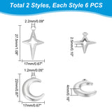 12Pcs 2 Style 304 Stainless Steel Pendants, Moon & Star, Stainless Steel Color, 22~27.5x17x2.5~4mm, Hole: 1.2~2.2mm, 6pcs/style