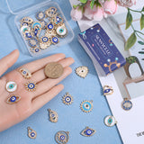 40Pcs 10 Styles Evil Eye Alloy Enamel Pendants, with Crystal Rhinestone, Flower & Flat Round & Heart & Sun Charms, Light Gold, 14~21.5x12~21.5x1.5~3.5mm, Hole: 1.5~2mm, 4Pcs/style