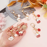 6Pcs 6 Style Chinese Style Alloy Enamel Keychains, with Iron Lobster Clasp and Rings, Cat with Flower, Mixed Color, 9.15cm, 1pc/style