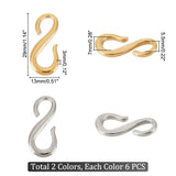 12Pcs 2 Colors 304 Stainless Steel S Hook Clasps, for Bracelets Making, Golden & Stainless Steel Color, 29x13x3mm, Hole: 5.5mm and 7mm, 6pcs/color