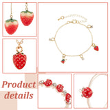 Strawberry Brass Enamel Pendant Necklace & Dangle Earrings & Open Cuff Ring & Charm Bracelet Jewelry Sets, Light Gold Alloy Jewelry Set for Women, Red, 16.22 inch(41.2cm), 26x18.5x19mm, Pin: 0.6mm, Inner Diameter: 17mm, 7 inch(17.8cm)