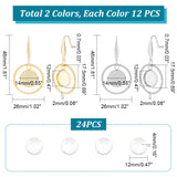 12 Pair 2 Color Glass Blank Dome Dangle Earrings, Ring with Flat Round 304 Stainless Steel Earrings with 316 Stainless Steel Pins, Golden & Stainless Steel Color, 46mm, Pin: 0.7mm, 6 Pairs/color