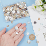 240Pcs 3 Styles Natural Akoya Shell Flat Round Charms, Mother of Pearl Shell Charms, BurlyWood, 10~15.5x0.7~2mm, Hole: 1.5mm, 80pcs/style