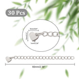 30Pcs 304 Stainless Steel Curb Chain Extender, End Chains with Heart Chain Tab, Stainless Steel Color, 60mm