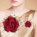 Cloth Rose with Crystal Rhinestone Brooch Pin, Light Gold Alloy Fashion Badge with Imitation Pearl for Clothes Shawl, Dark Red, 53x51.5x17.5mm