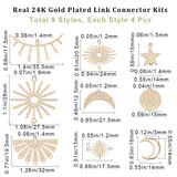 36Pcs 9 Styles Brass Connector Charms, Long-Lasting Plated, Cadmium Free & Lead Free, Mixed Shapes, Real 24K Gold Plated, 13~27.5x14~28x0.5~0.7mm, Hole: 1.2~1.8mm, 4pcs/style