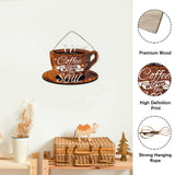 Wood Hanging Wall Decorations, with Jute Twine, Cup with Word, Saddle Brown, 175x245x5mm