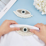 Glass Beaded Sew on Tassel Patches, Imitation Pearl Evil Eye Appliques, Badges, with Felt Base, White, 60x107~115x7mm