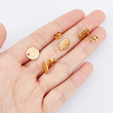 50Pcs Ion Plating(IP) 304 Stainless Steel Stud Earring Findings, with Earring Backs & Hole, Textured Flat Round, Golden, 10mm, Hole: 1.2mm, Pin: 0.8mm