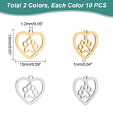 20Pcs 2 Colors 201 Stainless Steel Pendants, Heart with Dog Paw Prints, Golden & Stainless Steel Color, 15x15.5x1mm, Hole: 1.2mm, 10pcs/color