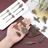 18Pcs 18 Style Iron Flat Alligator Hair Clip Findings, with Brass Tray, Butterfly & Leaf & Flower & Square, Antique Bronze, 17~63x12~62x5~11mm, 1pc/style