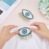 Glass Beaded Sew on Tassel Patches, Evil Eye Appliques, Badges, with Felt Base, Deep Sky Blue, 73~75x79x7mm