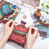 12Pcs 12 Styles Bohemian Rectangle Geometric Print Linenette Drawstring Bags, Ethnic Style Pouches, Mixed Color, 9~18x7~13cm, 1pc/style