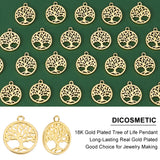 Brass Pendant, Flat Round with Tree of Life, Real 18K Gold Plated, 18x15x1.5mm, Hole: 1.6mm, 30pcs/box